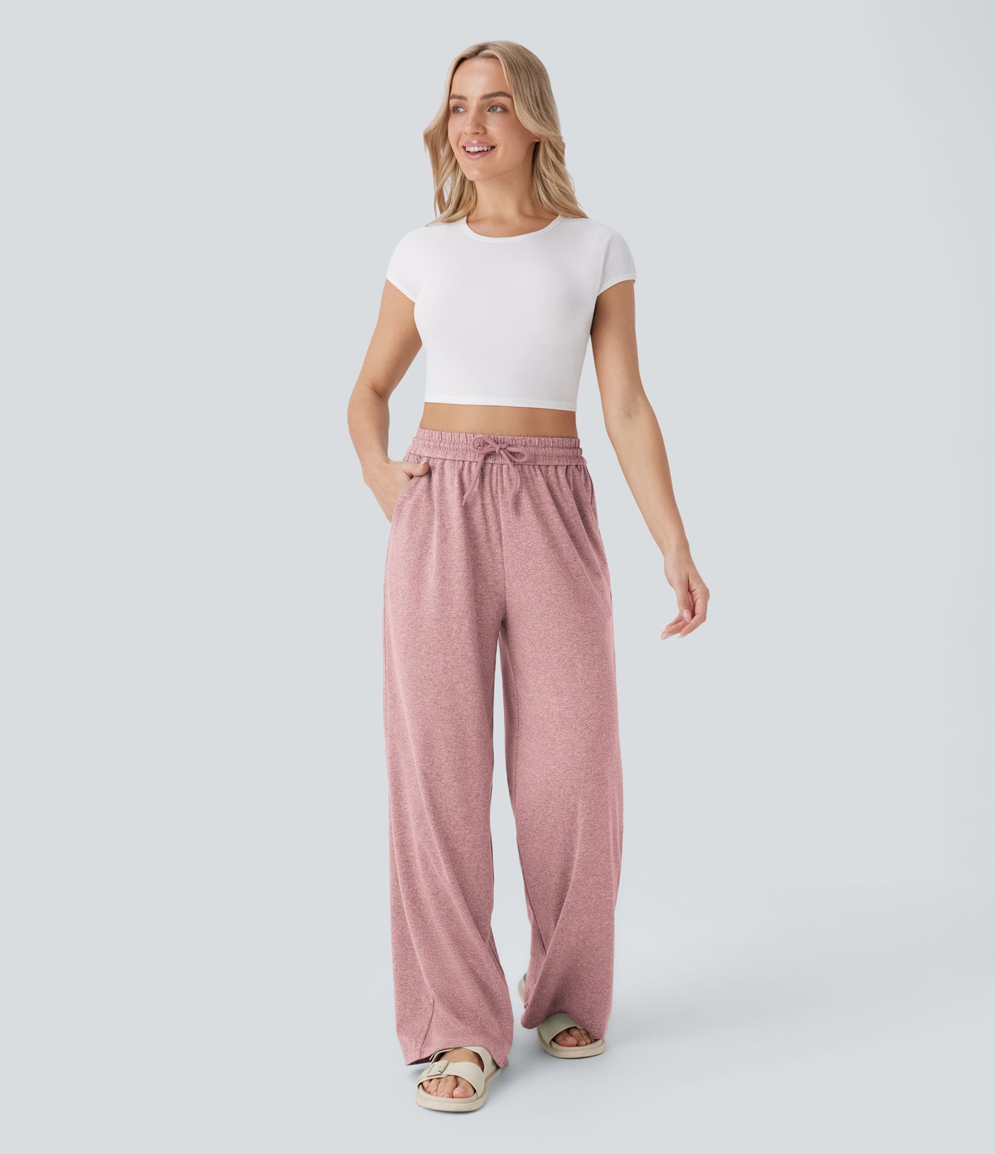 High Waisted Drawstring Pocket Wide Leg Casual Pants