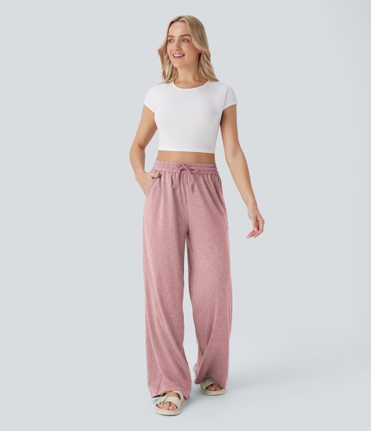 High Waisted Drawstring Pocket Wide Leg Casual Pants