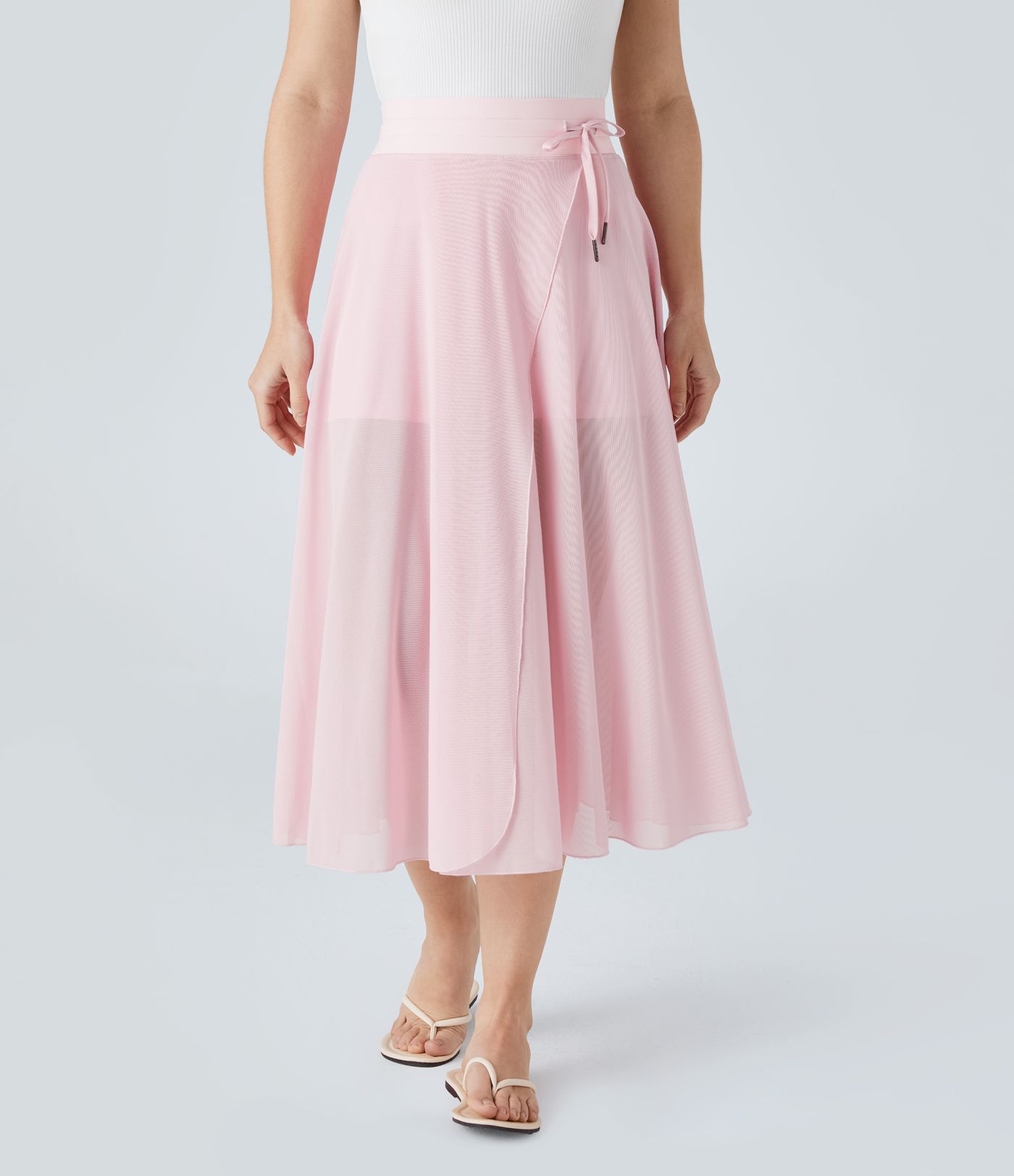 High Waisted Drawstring Contrast Mesh 2-in-1 Pocket Flowy Midi Flare Casual Skirt