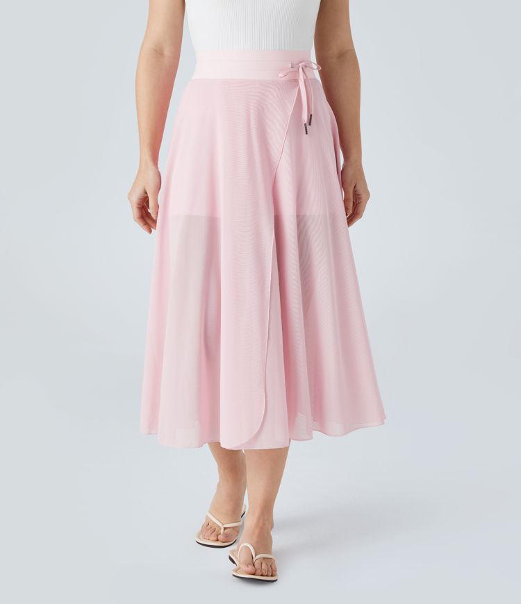 High Waisted Drawstring Contrast Mesh 2-in-1 Pocket Flowy Midi Flare Casual Skirt