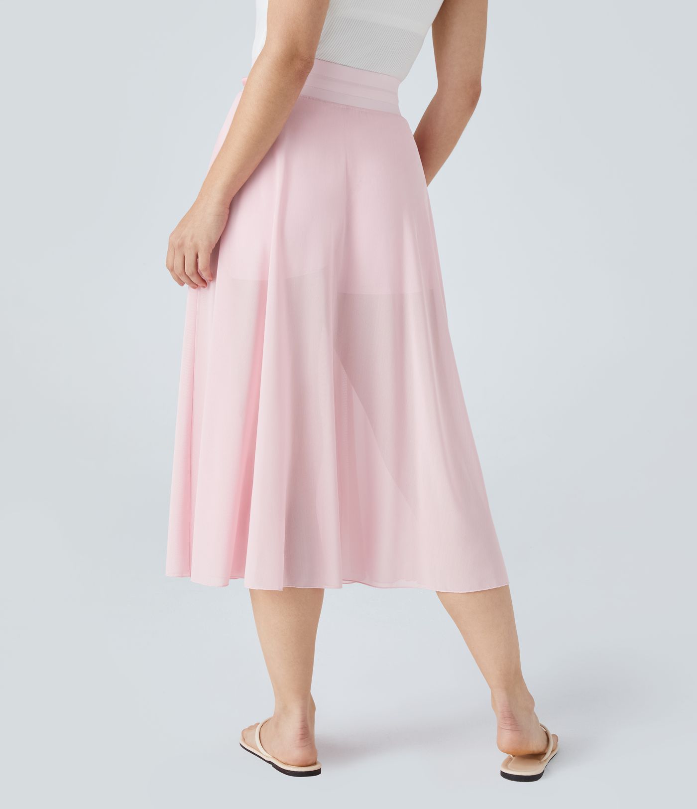 High Waisted Drawstring Contrast Mesh 2-in-1 Pocket Flowy Midi Flare Casual Skirt