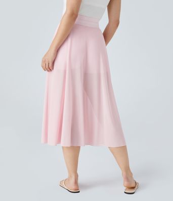 High Waisted Drawstring Contrast Mesh 2-in-1 Pocket Flowy Midi Flare Casual Skirt