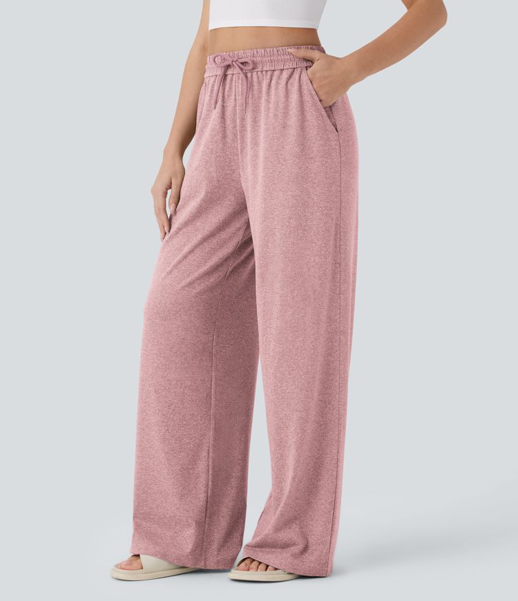 High Waisted Drawstring Pocket Wide Leg Casual Pants