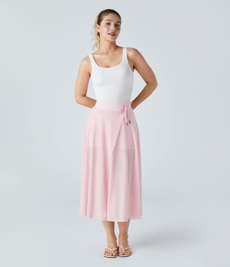 High Waisted Drawstring Contrast Mesh 2-in-1 Pocket Flowy Midi Flare Casual Skirt