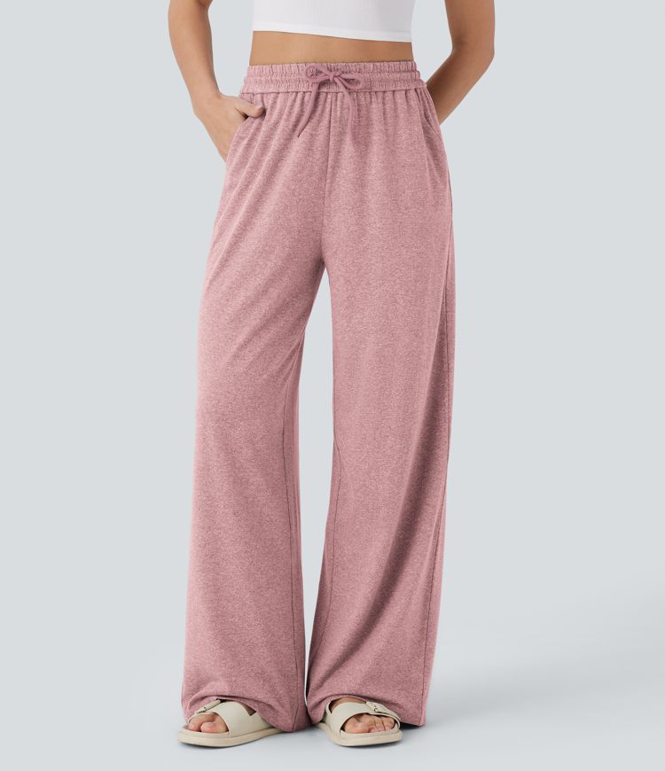 High Waisted Drawstring Pocket Wide Leg Casual Pants