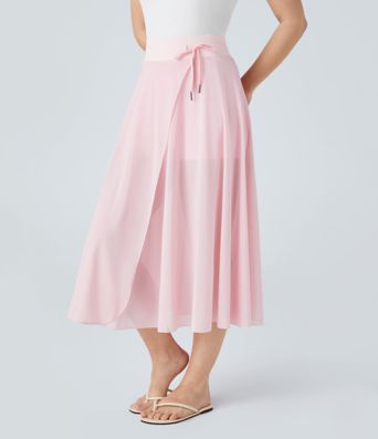 High Waisted Drawstring Contrast Mesh 2-in-1 Pocket Flowy Midi Flare Casual Skirt