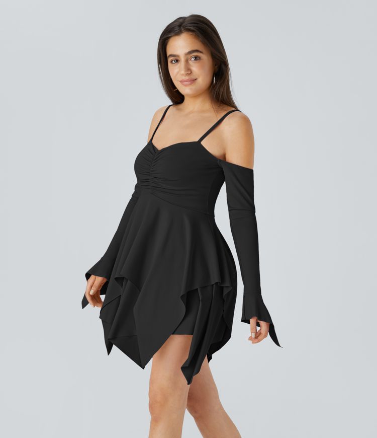 Adjustable Strap Ruched Backless Long Sleeve Layered Hanky Hem Mini Casual Dress