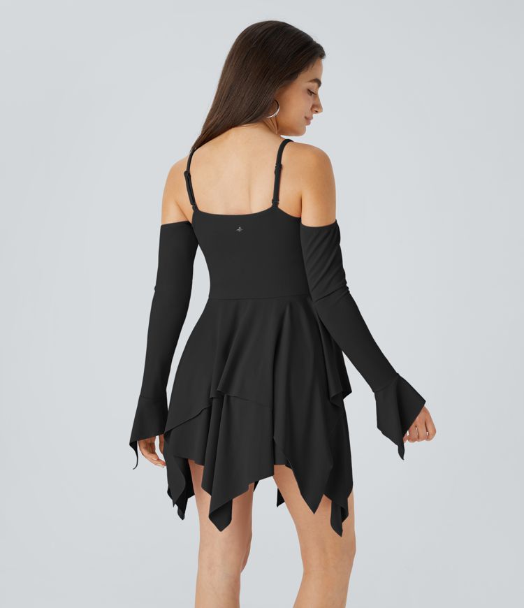 Adjustable Strap Ruched Backless Long Sleeve Layered Hanky Hem Mini Casual Dress