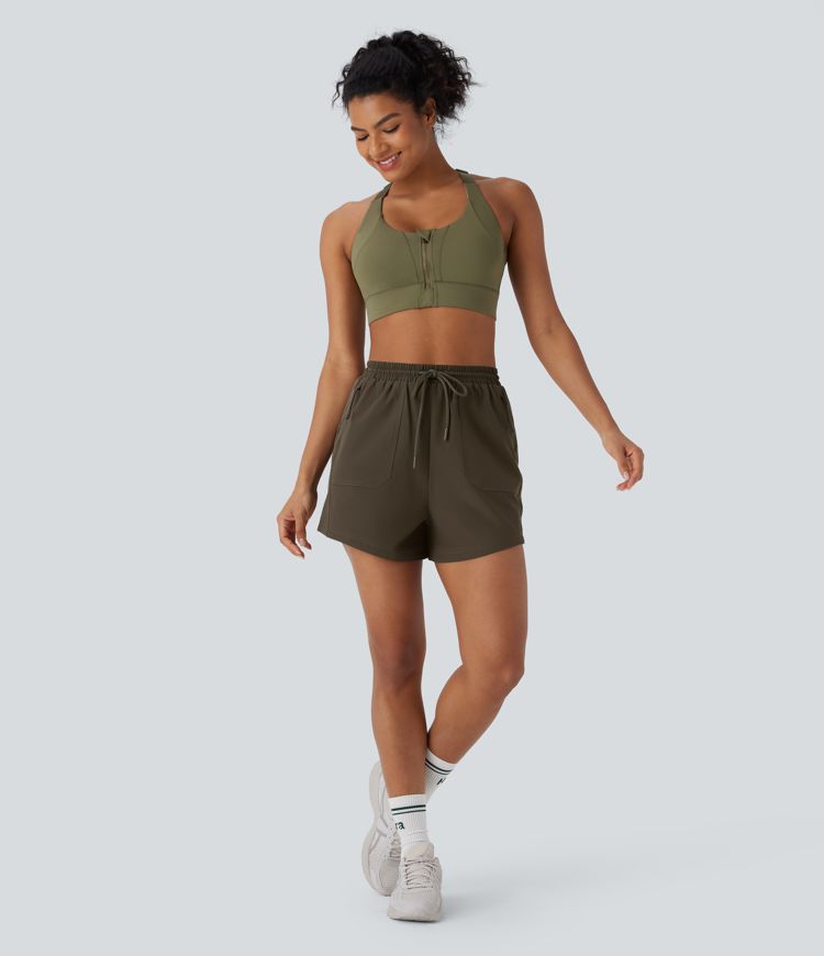 Wasserabweisende Wandershorts mit hoher Taille, Kordelzug und seitlichen Reißverschlusstaschen 