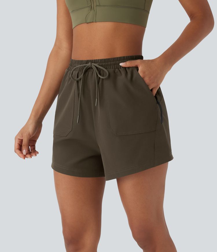 Wasserabweisende Wandershorts mit hoher Taille, Kordelzug und seitlichen Reißverschlusstaschen 