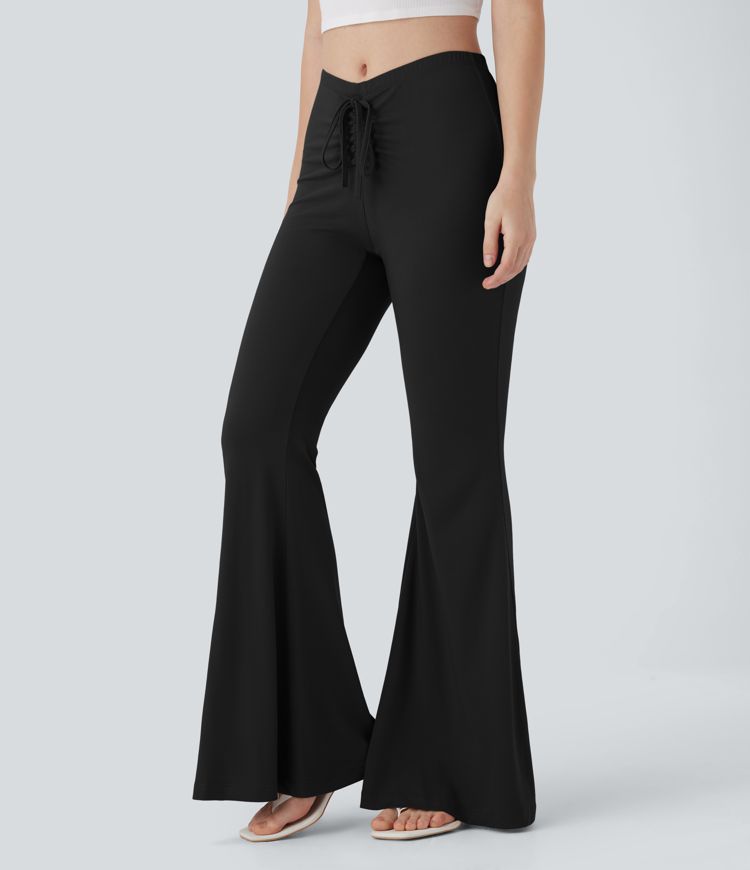 V Shaped Mid Rise Drawstring Flowy Casual Flare Pants