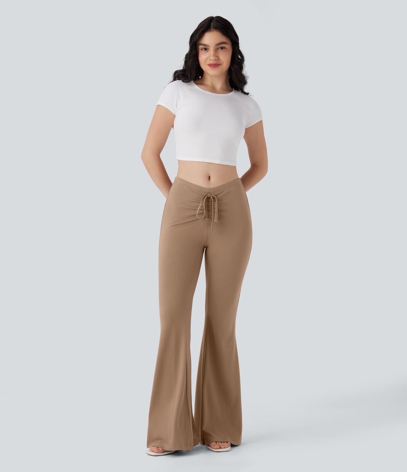 V Shaped Mid Rise Drawstring Flowy Casual Flare Pants