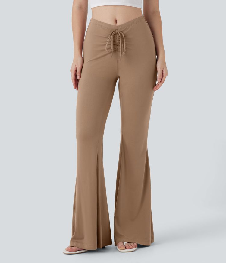 V Shaped Mid Rise Drawstring Flowy Casual Flare Pants