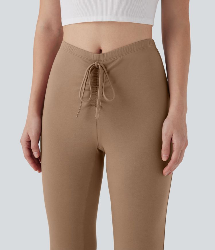 V Shaped Mid Rise Drawstring Flowy Casual Flare Pants