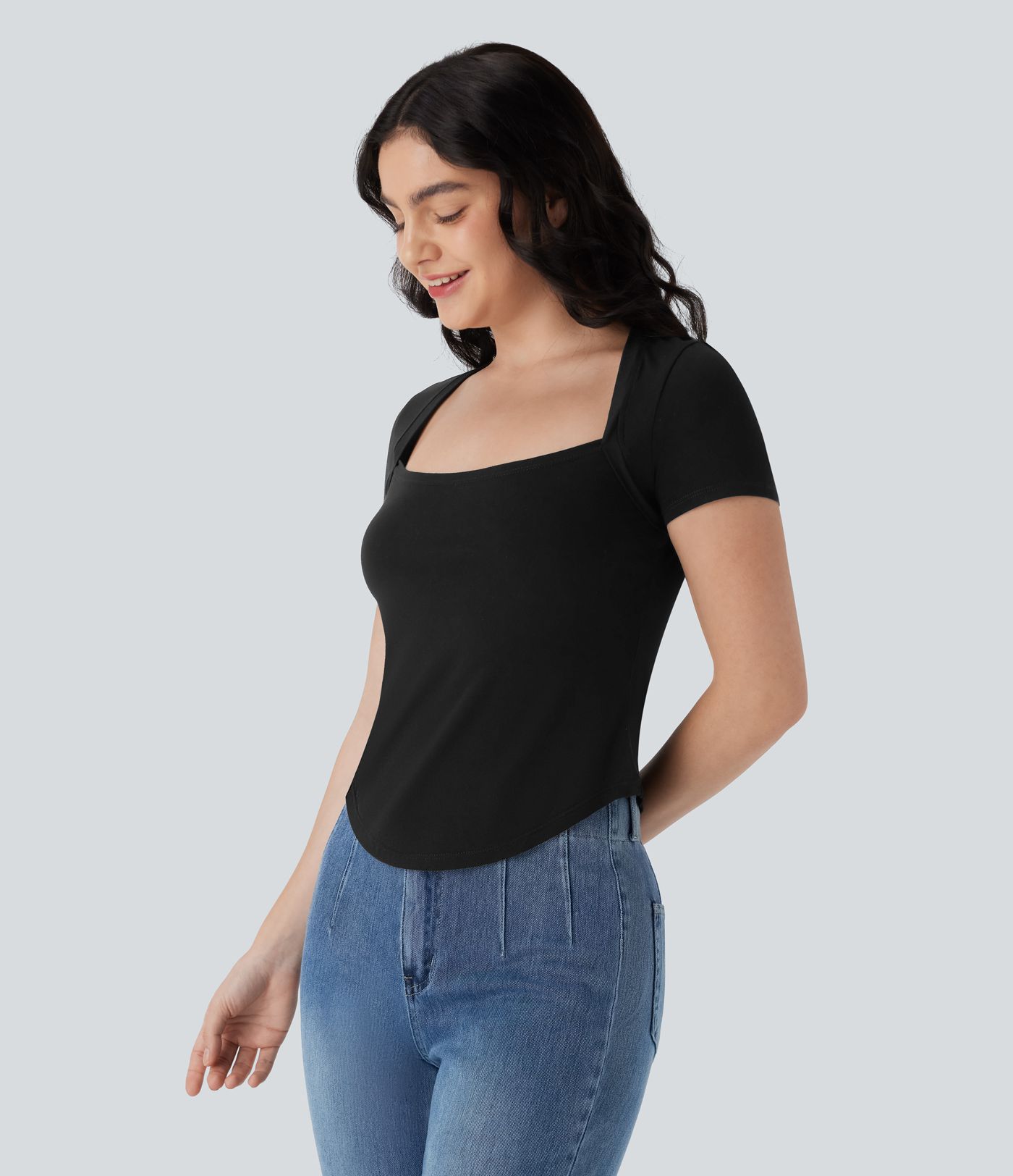 Cap Sleeve Curved Hem Casual Top