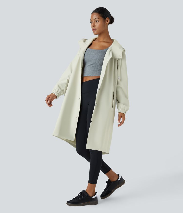 Chaqueta senderismo capucha repelente agua cordón ajustable botón manga larga bolsillo lateral dividido