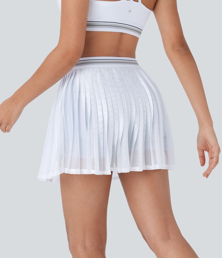 High Waisted Color Block 2-in-1 Pocket Cut Out Pleated Cool Touch Quick Dry Mini Tennis Skirt