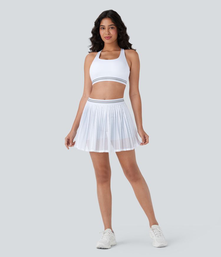 High Waisted Color Block 2-in-1 Pocket Cut Out Pleated Cool Touch Quick Dry Mini Tennis Skirt