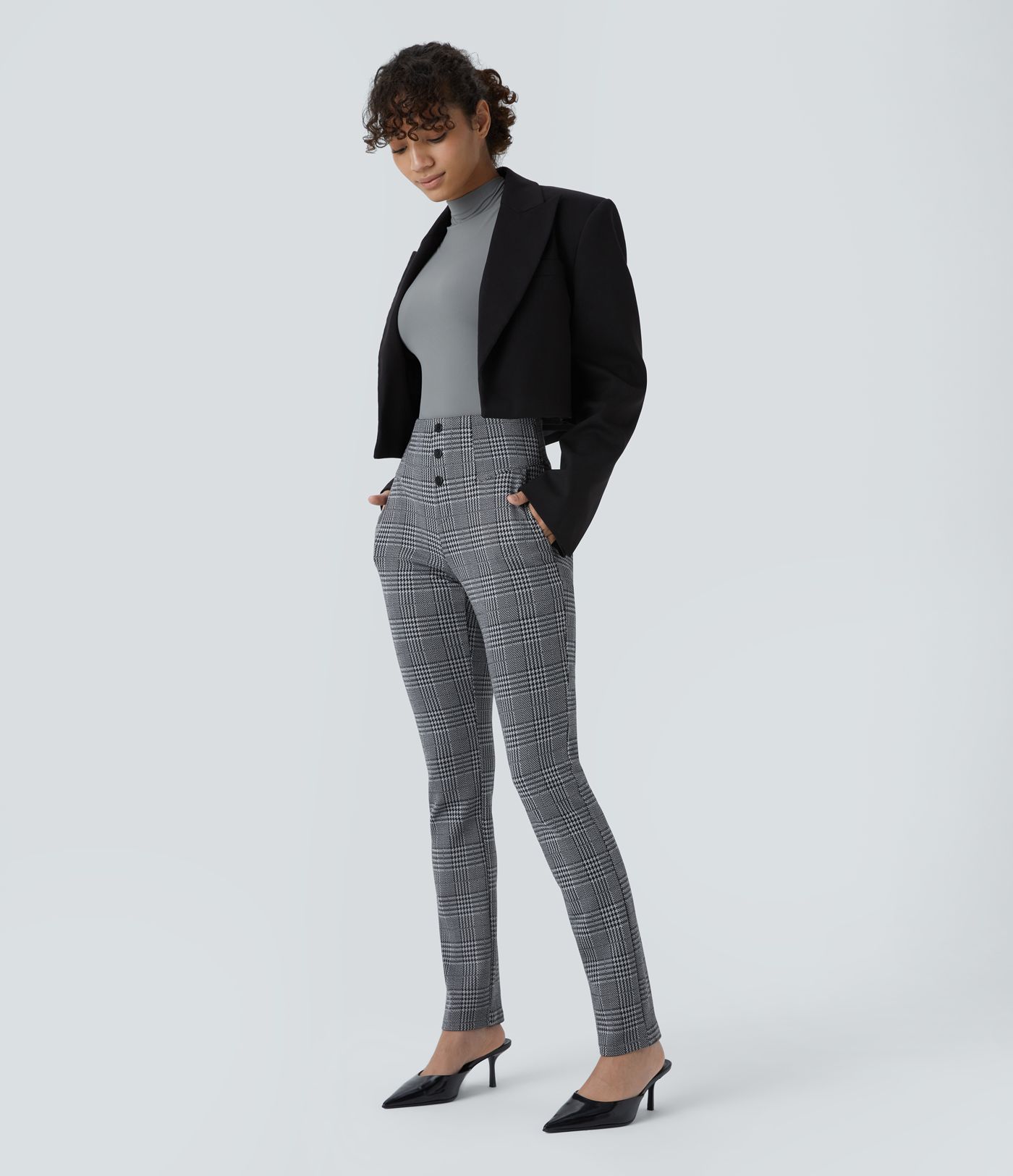 Halara Flex™ High Waisted Houndstooth Plaid Skinny Work Trousers with Pockets