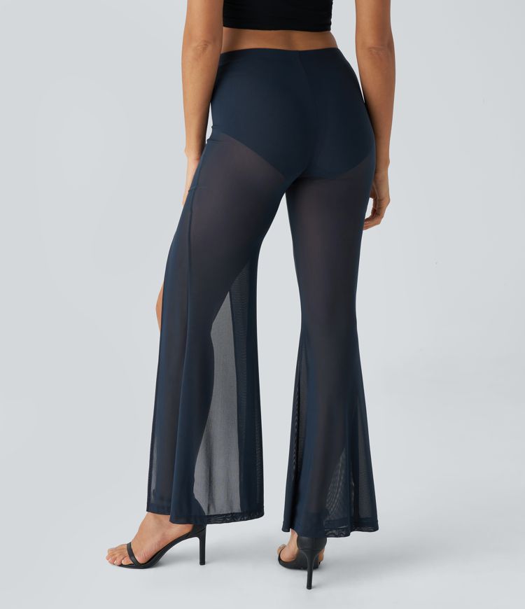 High-waisted 2-in-1 high-split mesh flare casual pants