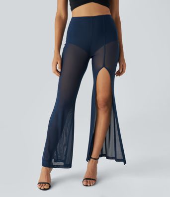 High-waisted 2-in-1 high-split mesh flare casual pants