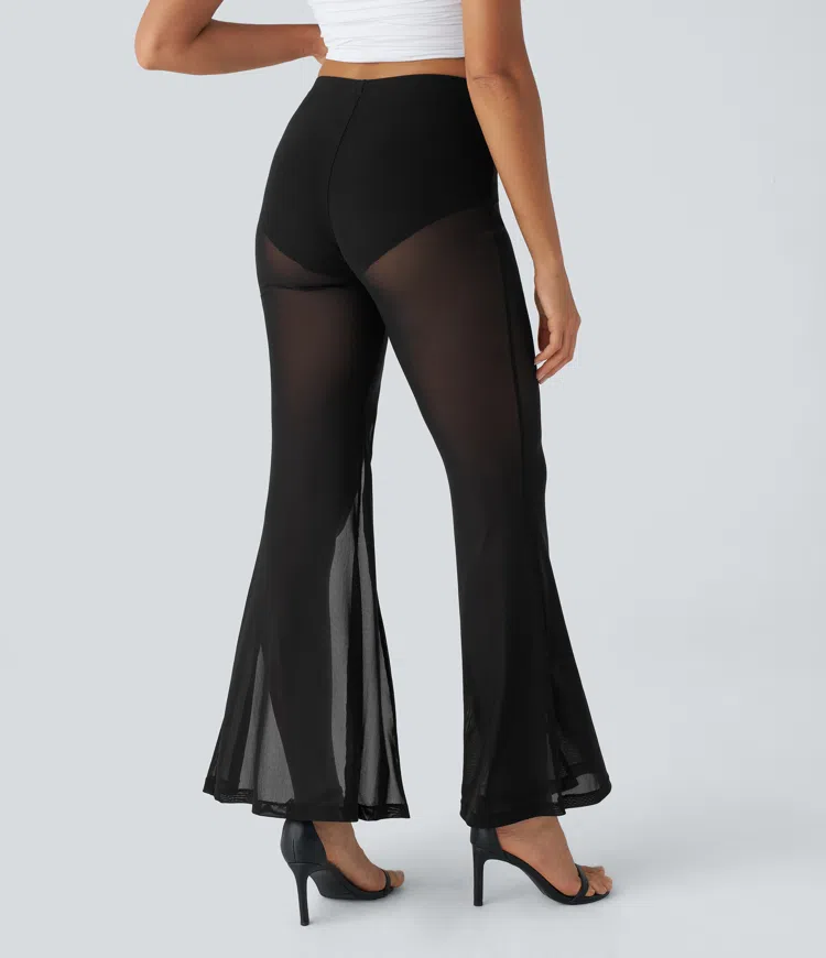 High waist 2-in-1 high waist mesh flare casual pants