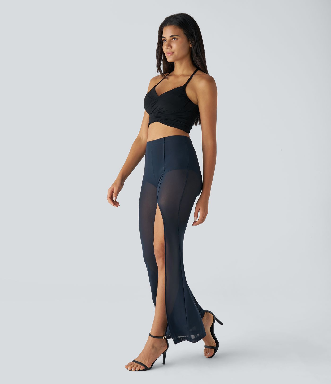 High-waisted 2-in-1 high-split mesh flare casual pants