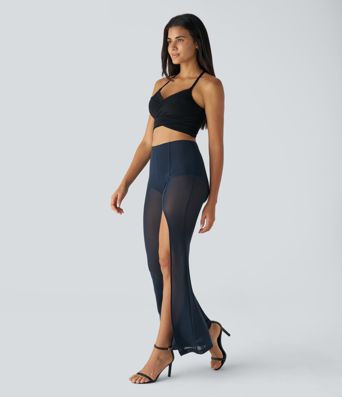 High-waisted 2-in-1 high-split mesh flare casual pants