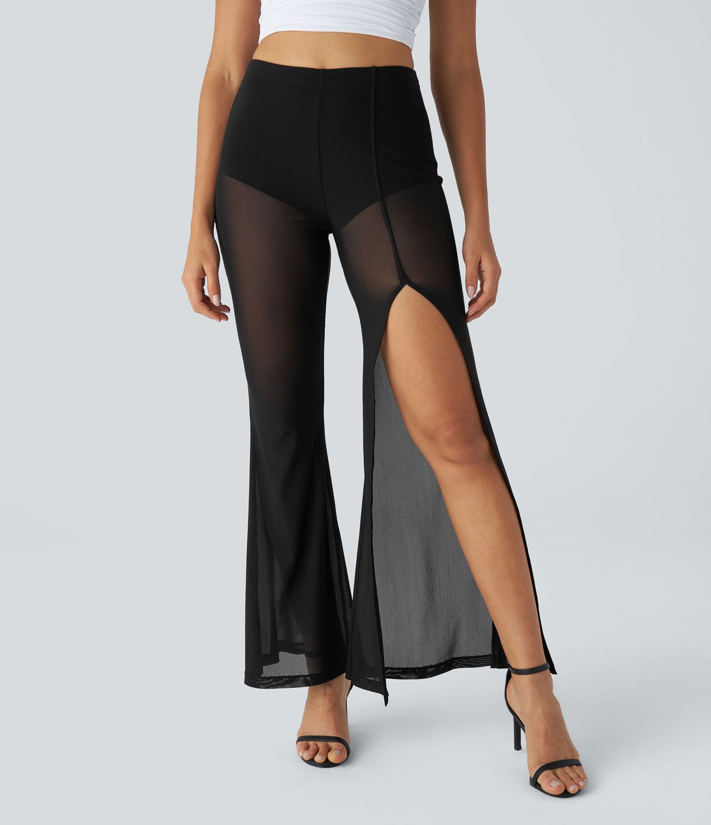 High Waist 2-in-1 High Split Mesh Flare Casual Pants