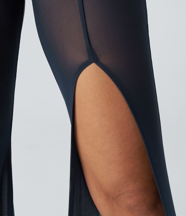 High-waisted 2-in-1 high-split mesh flare casual pants