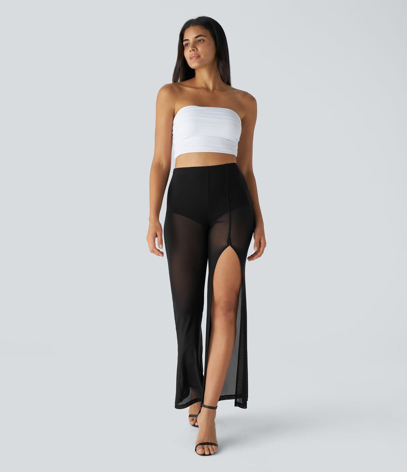 High Waist 2-in-1 High Split Mesh Flare Casual Pants