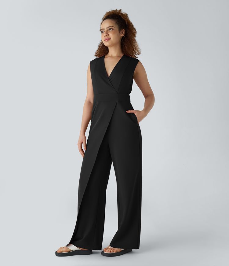 V Neck Backless Tie Back Invisible Zipper Side Pocket Casual Jumpsuit