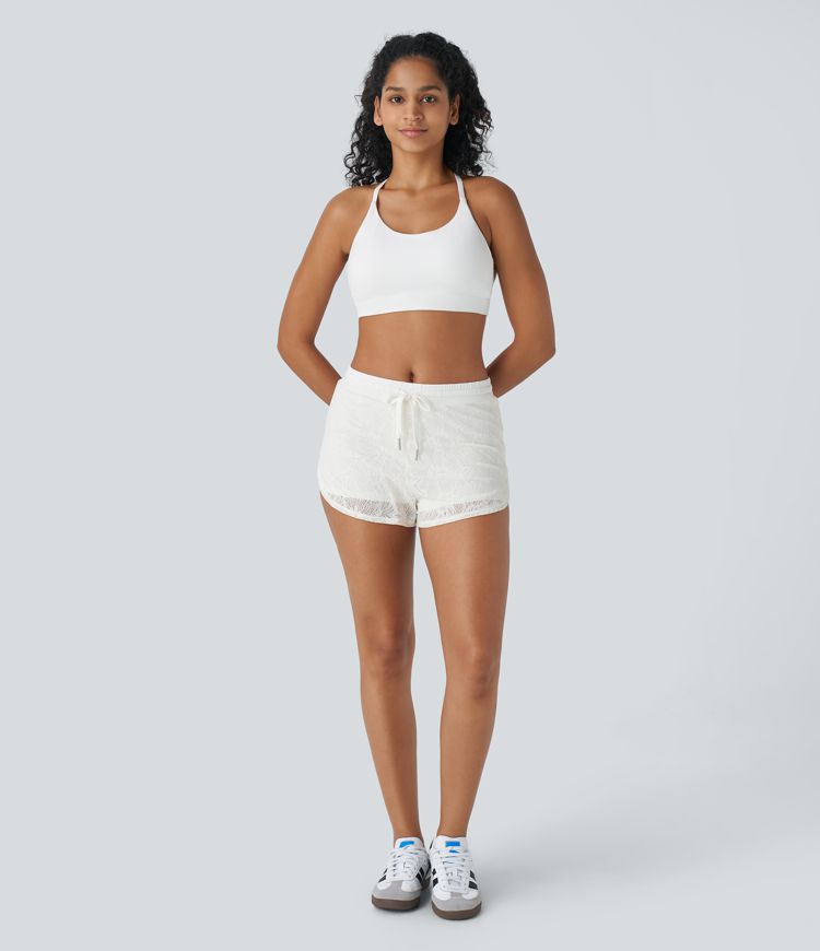 Pantalón corto yoga 2 en 1 encaje dobladillo redondeado cordón tiro medio