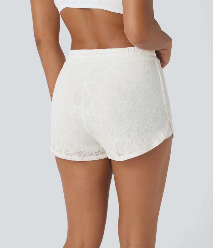 Pantalón corto yoga 2 en 1 encaje dobladillo redondeado cordón tiro medio