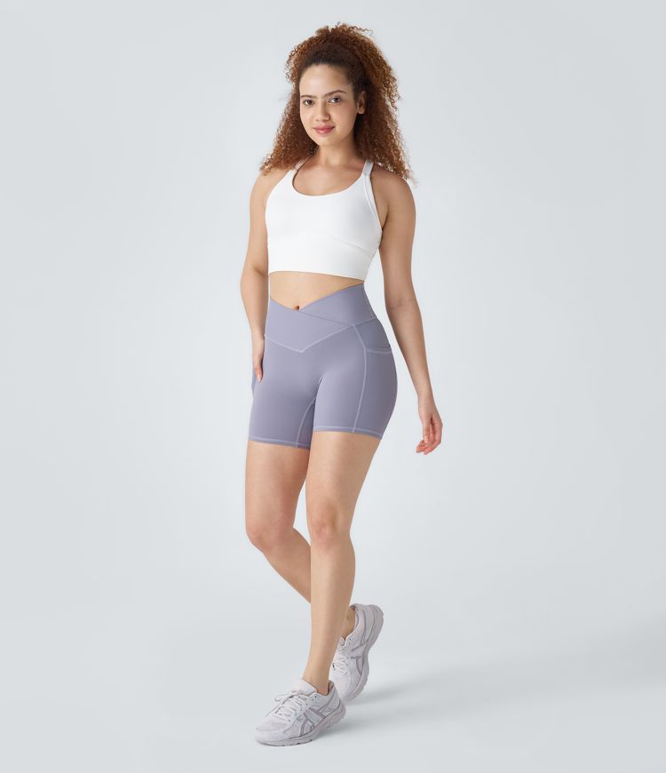 Halara UltraSculpt™ gerippte Crossover-Workout-Bikershorts mit hohem Bund und Seitentaschen - 12,7cm