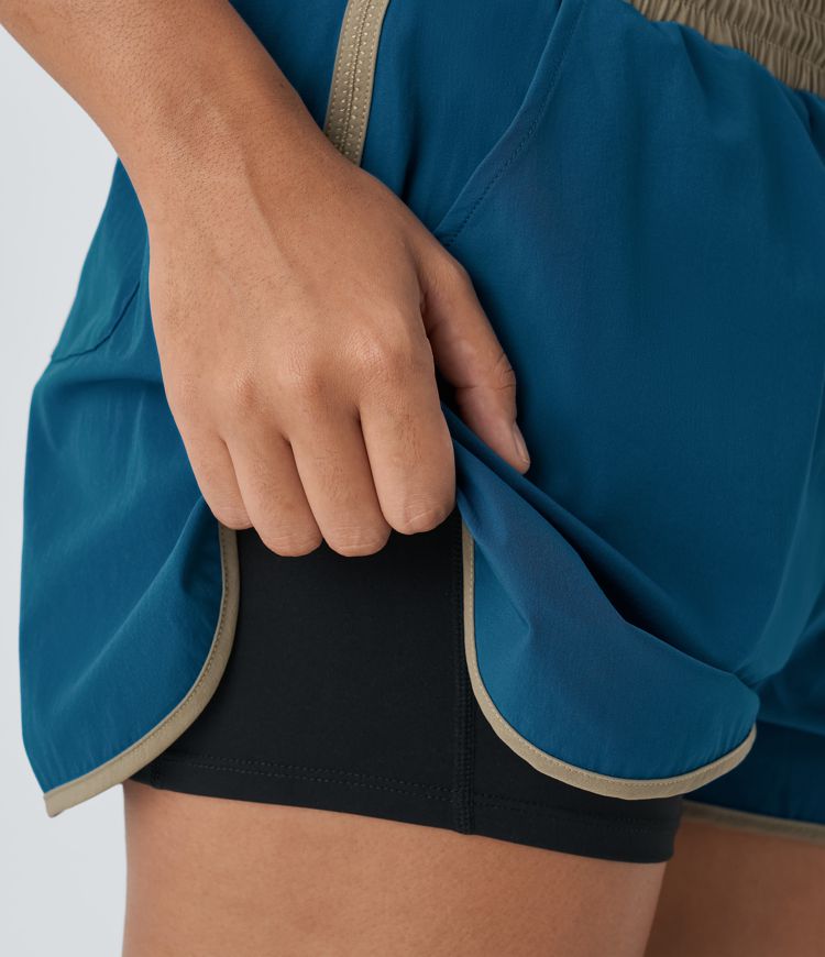 Mid Rise Color Block Reflective Pockets Curved Hem 2-in-1 Hiking Shorts