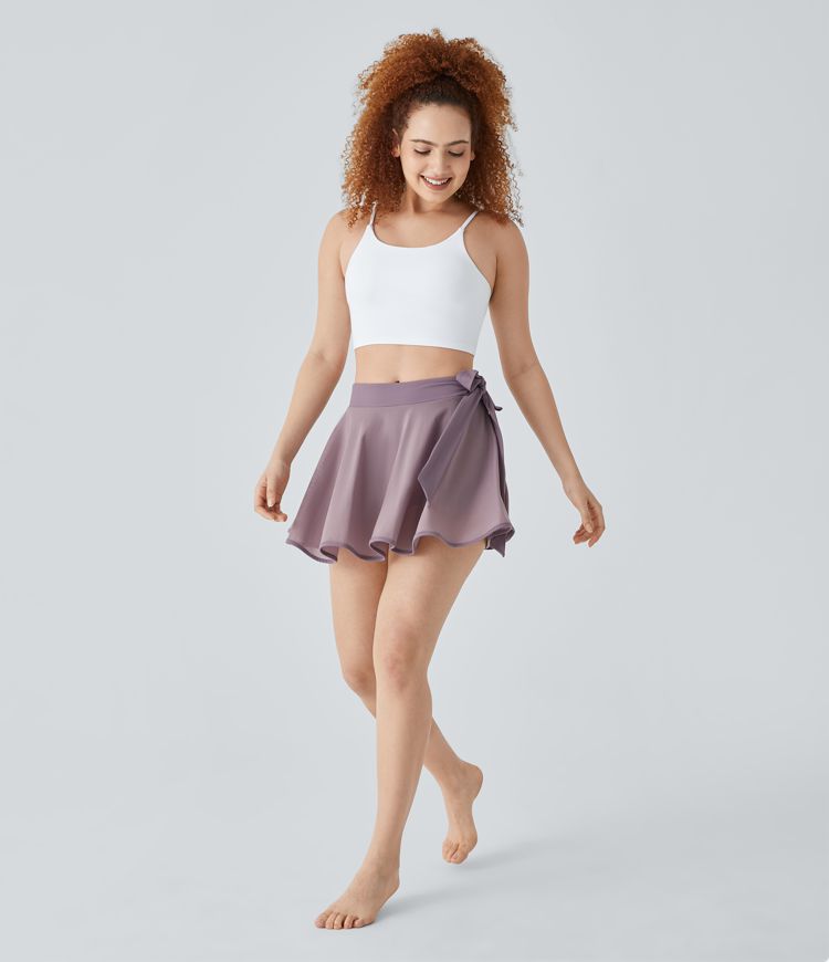 Mid Rise Tie Side 2-in-1 Pocket Contrast Mesh Flare Mini Dance Skirt