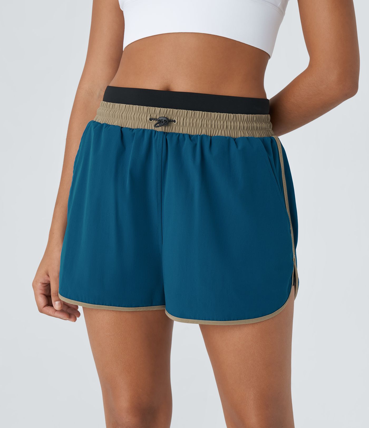 Pantalón corto senderismo 2 en 1 dobladillo curvo tiro medio bloque color reflectante cordón ajustable múltiple bolsillo