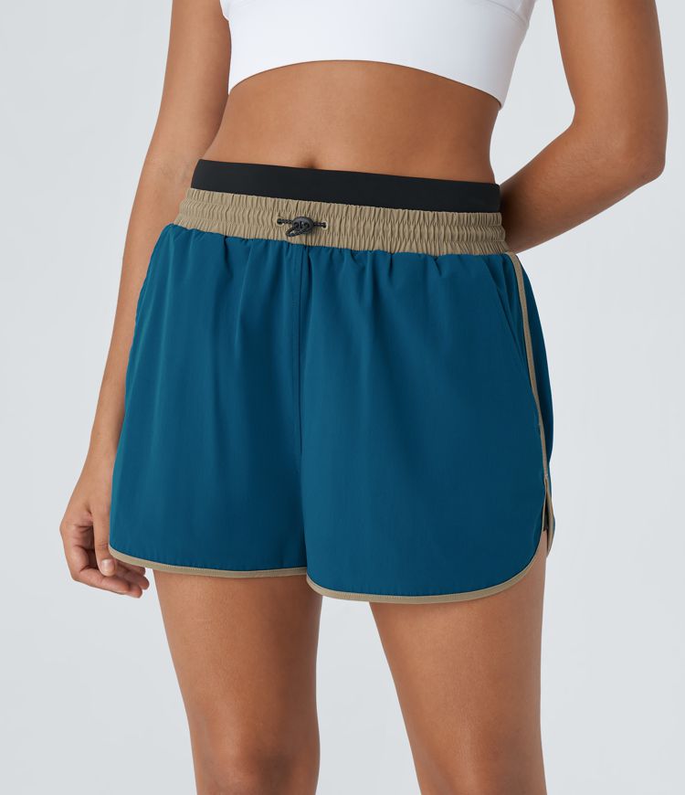 Mid Rise Color Block Reflective Pockets Curved Hem 2-in-1 Hiking Shorts