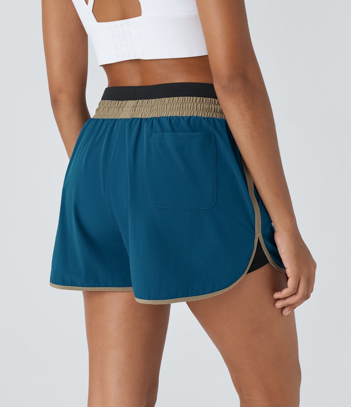 Pantalón corto senderismo 2 en 1 dobladillo curvo tiro medio bloque color reflectante cordón ajustable múltiple bolsillo