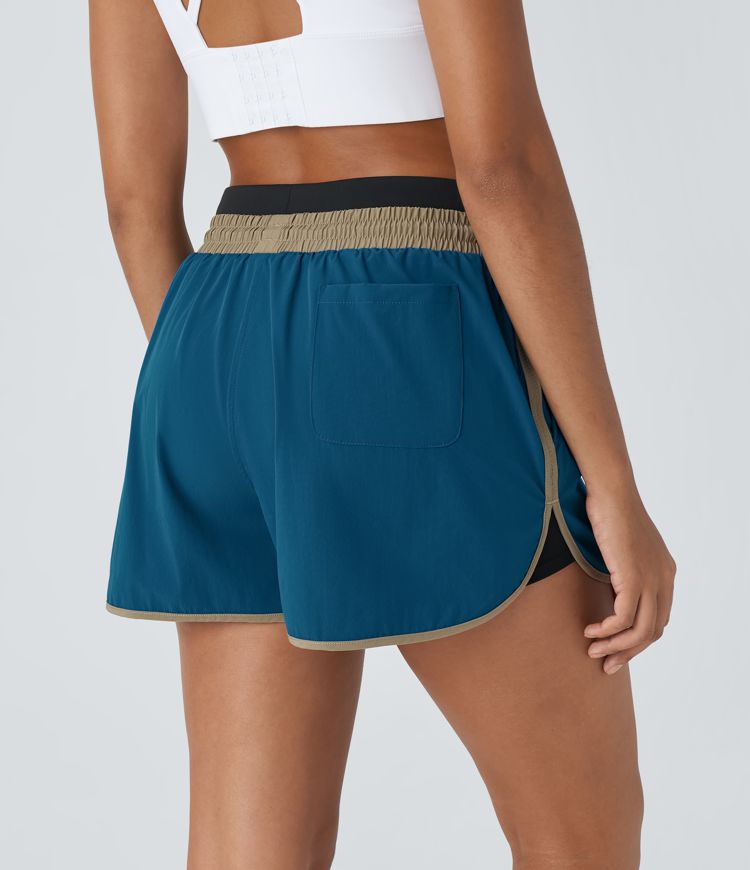 Mid Rise Color Block Reflective Pockets Curved Hem 2-in-1 Hiking Shorts