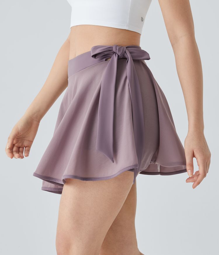 Mid Rise Tie Side 2-in-1 Pocket Contrast Mesh Flare Mini Dance Skirt