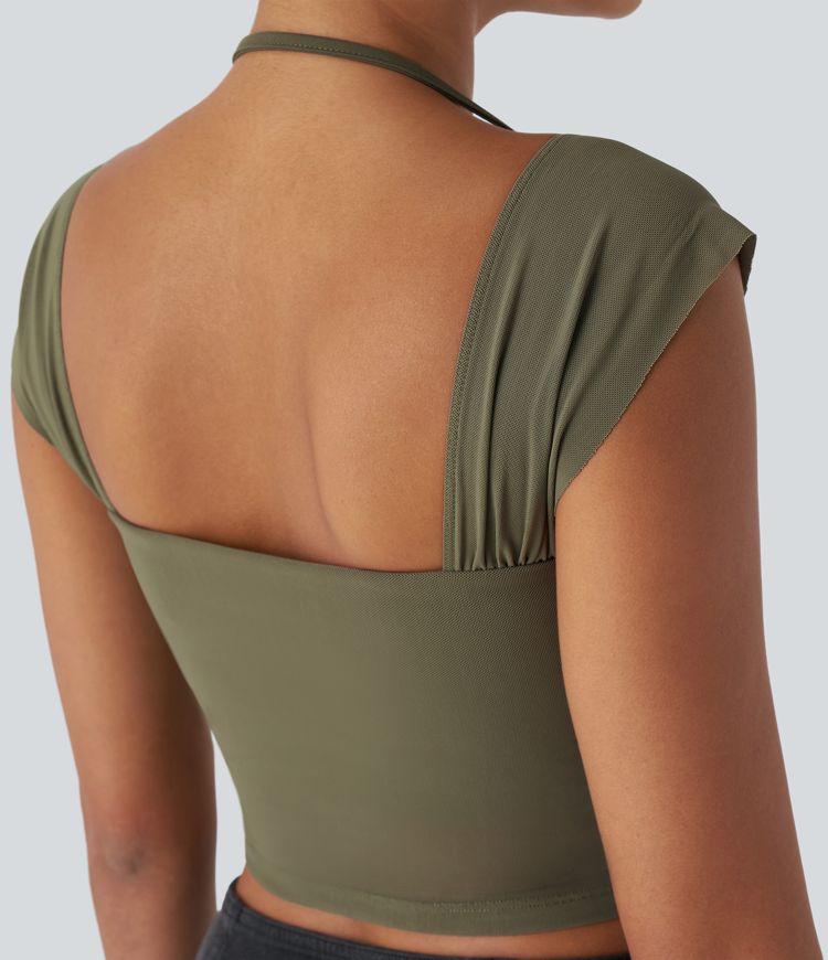 Softlyzero™ Débardeur Court Casual à Encolure Carrée et Dos Nu Halter en Maille Contrastée