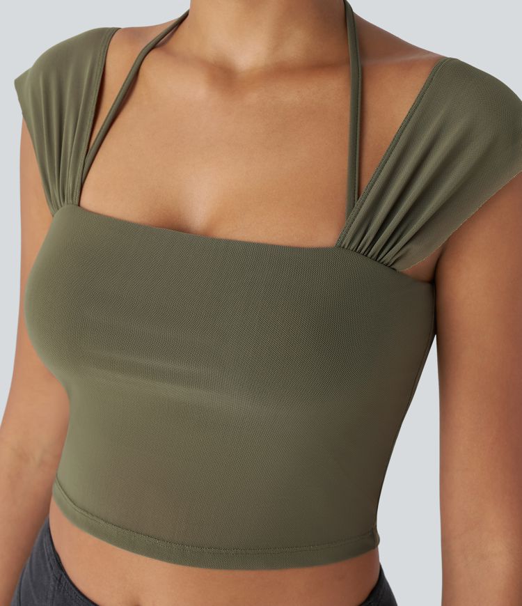 Softlyzero™ Débardeur Court Casual à Encolure Carrée et Dos Nu Halter en Maille Contrastée