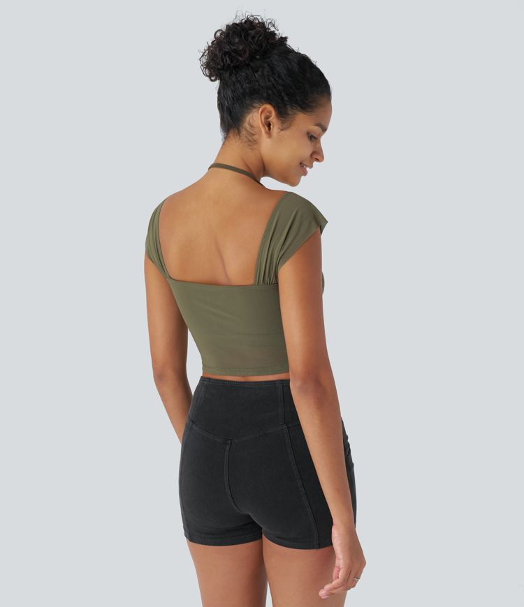 Softlyzero™ Débardeur Court Casual à Encolure Carrée et Dos Nu Halter en Maille Contrastée