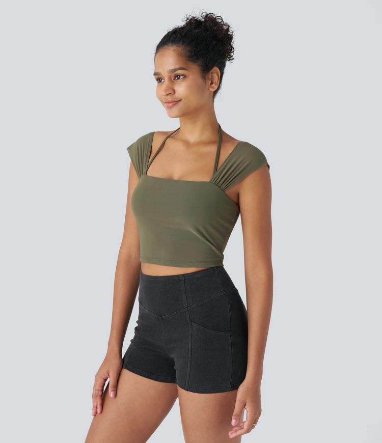 ★andar★ Air Expert Half Neck Crop Top Zenana Women's Washed Ribbed Seamless High Neck Nylon