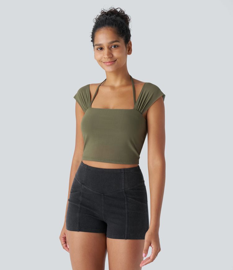 Softlyzero™ Square Neck Halter Backless Contrast Mesh Cropped Casual Tank Top-UPF50+