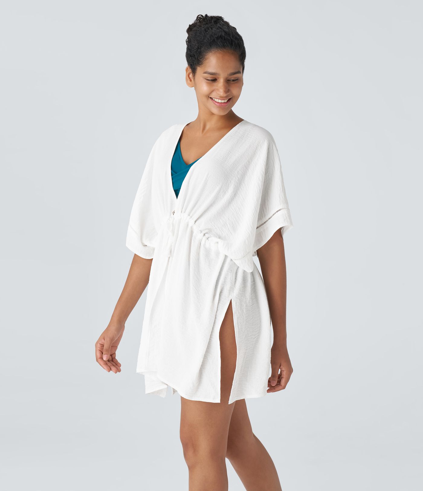 Drawstring fringe split linen feel kimono going forward