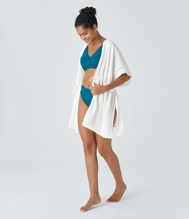 Traje baño kimono abertura fleco cordón delantero lazo frente