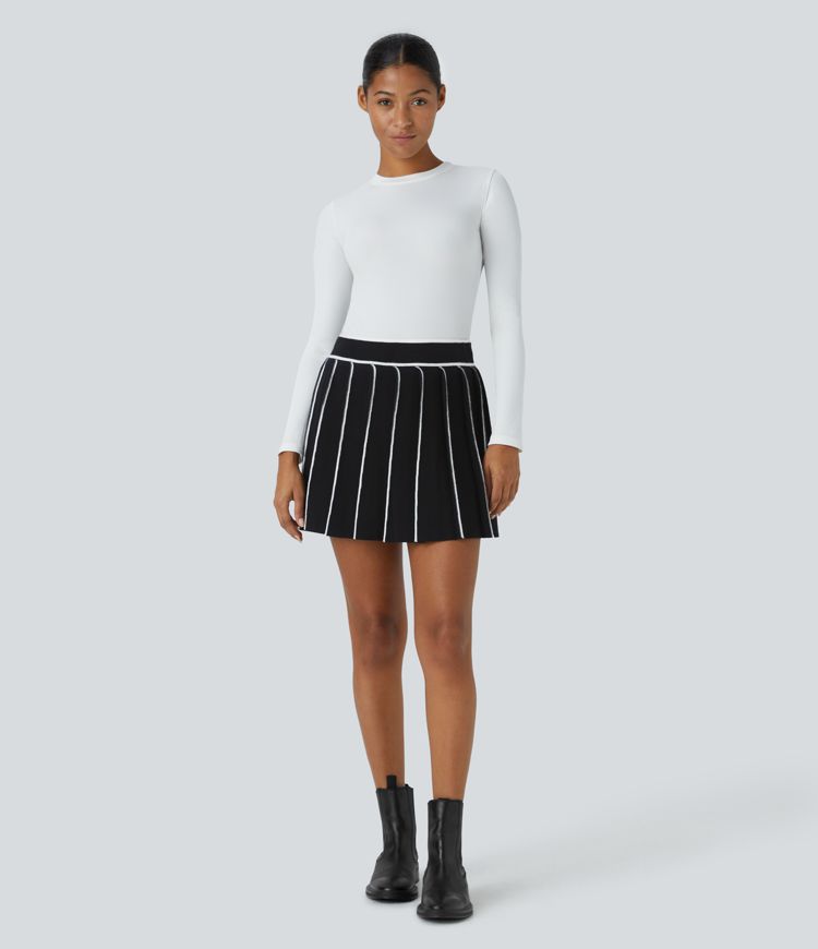 High Waisted Color Block 2-in-1 Pocket Pleated Mini Casual Knit Skirt